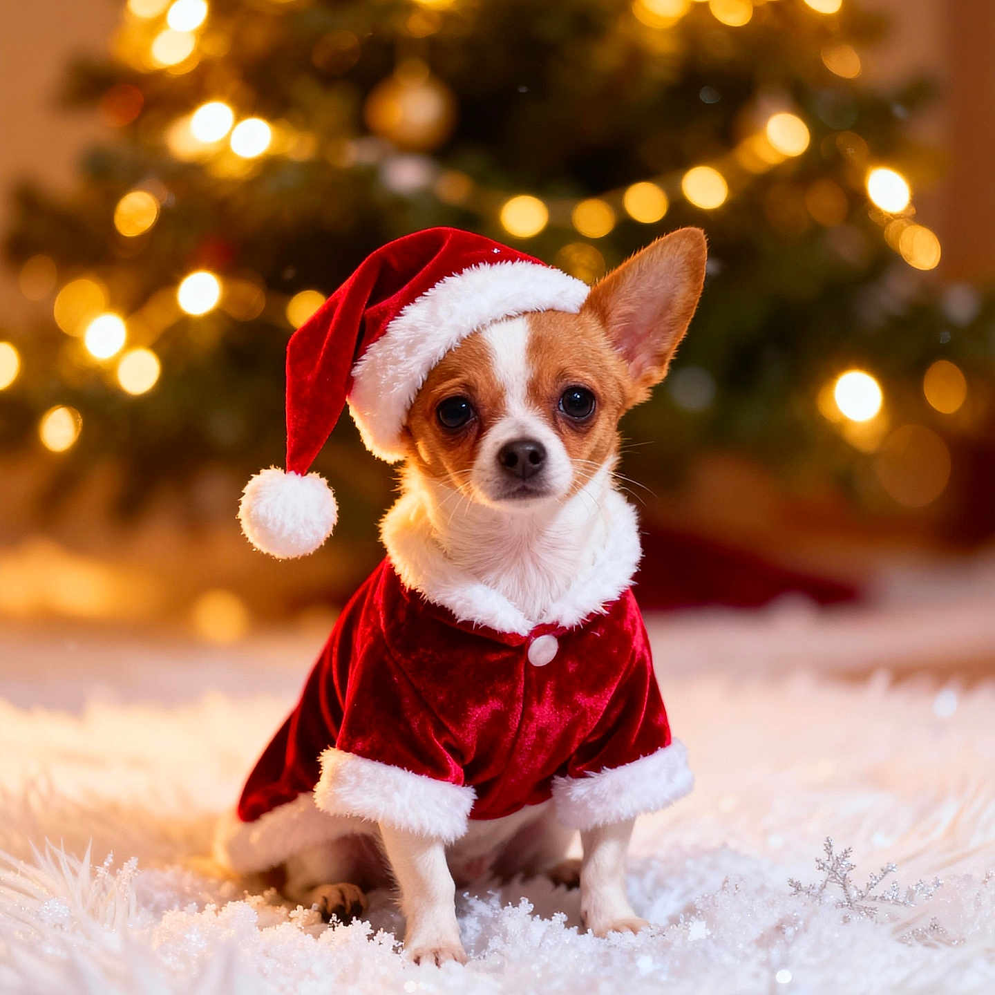 Baby Bear joined the competition — help win amazing prizes! adorable, celebration, chihuahua, christmas, christmas_tree, costume, cute, decoration, dog, festive, fluffy, holiday, indoors, lights, pet, santa_hat, santa_suit, small_dog, snowflakes, winter