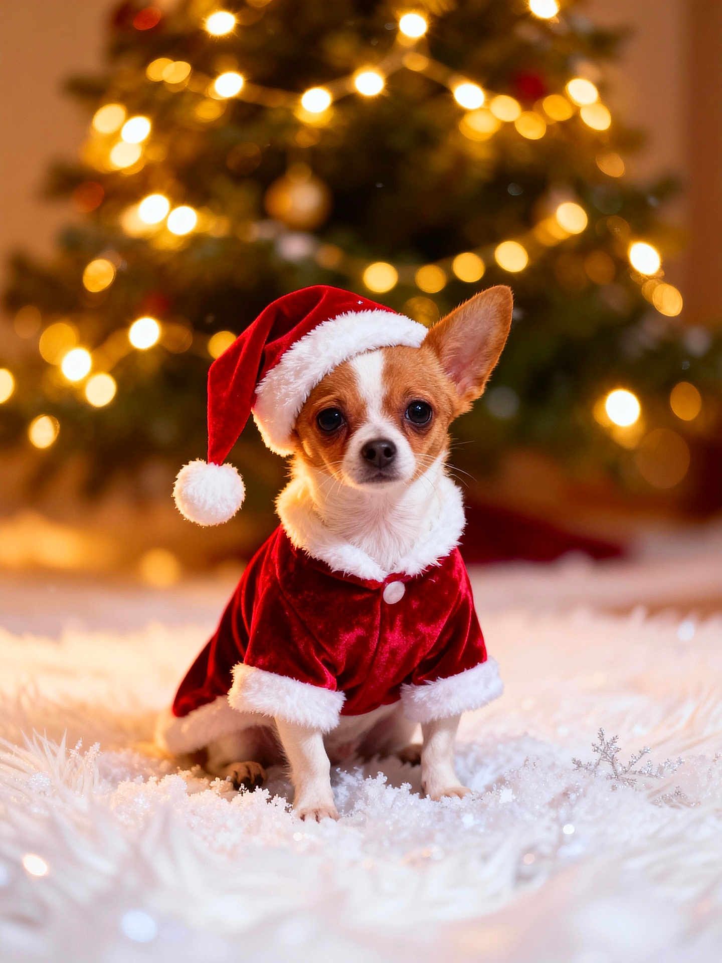 Baby Bear joined the competition — help win amazing prizes! dog, chihuahua, christmas, holiday, santa_hat, santa_suit, cute, small_dog, festive, christmas_tree, lights, decoration, winter, snowflakes, fluffy, pet, indoors, celebration, adorable, costume