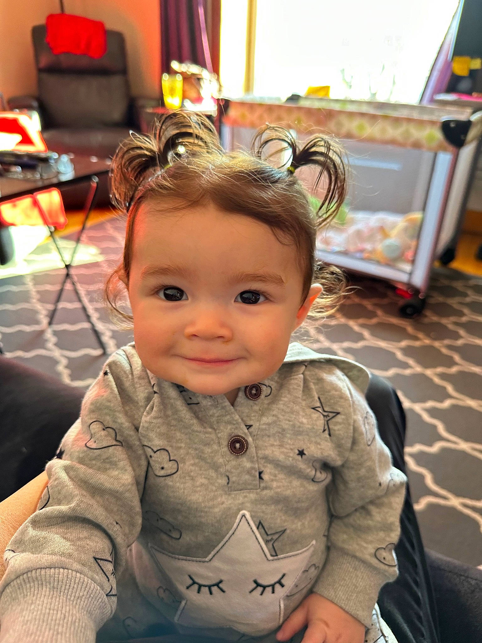 Mylah is registered to the contest to win money with this photo: baby, chair, cheek, child, chin, ear, eye, flooring, fun, happy, human, iris, joy, nose, person, skin, sleeve, smile, snapshot, standing