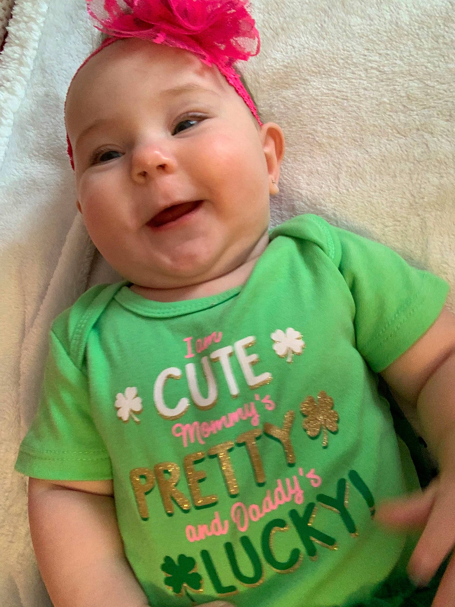 Kinzlee joined the competition — help win amazing prizes! baby, baby_products, baby_toddler_clothing, cheek, child, green, hair_accessory, happy, head, person, pink, product, skin, sleeve, smile, t_shirt, toddler