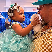 Jukenthya is registered to the contest to win money with this photo: adult, blue_dress, celebration, child, close_up, decorative_curtain, father_child, girl, glasses, hair_accessories, hat, indoor_event, man, pearl_bracelet, portrait, smile, stage_background, stuffed_bear, toddler, tulle_skirt