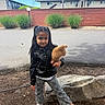 Aiza Grenevitch is registered to the contest to win money with this photo: child, girl, toddler, portrait, outdoor, garden, teddy_bear, plush_toy, smiling, standing, fashion, leather_jacket, patterned_pants, pink_shoes, long_hair, playground, rock, fence, houses, blue_sky