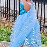 Oakleigh is registered to the contest to win money with this photo: blue_dress, child, concrete, costume, curly_hair, cute, fashion, fence, grass, outdoor, person, playful, portrait, princess, shoes, side_view, smiling, tiara, toddler, young_child