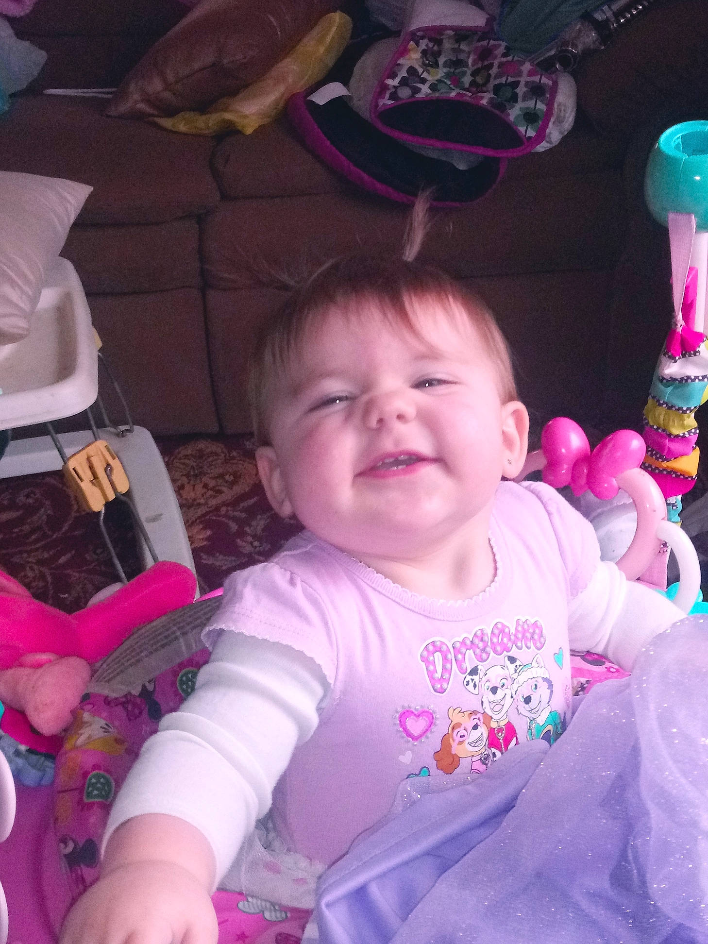 Payten is registered to the contest to win money with this photo: baby, cheek, child, fun, joy, magenta, person, pink, sitting, skin, smile, toddler