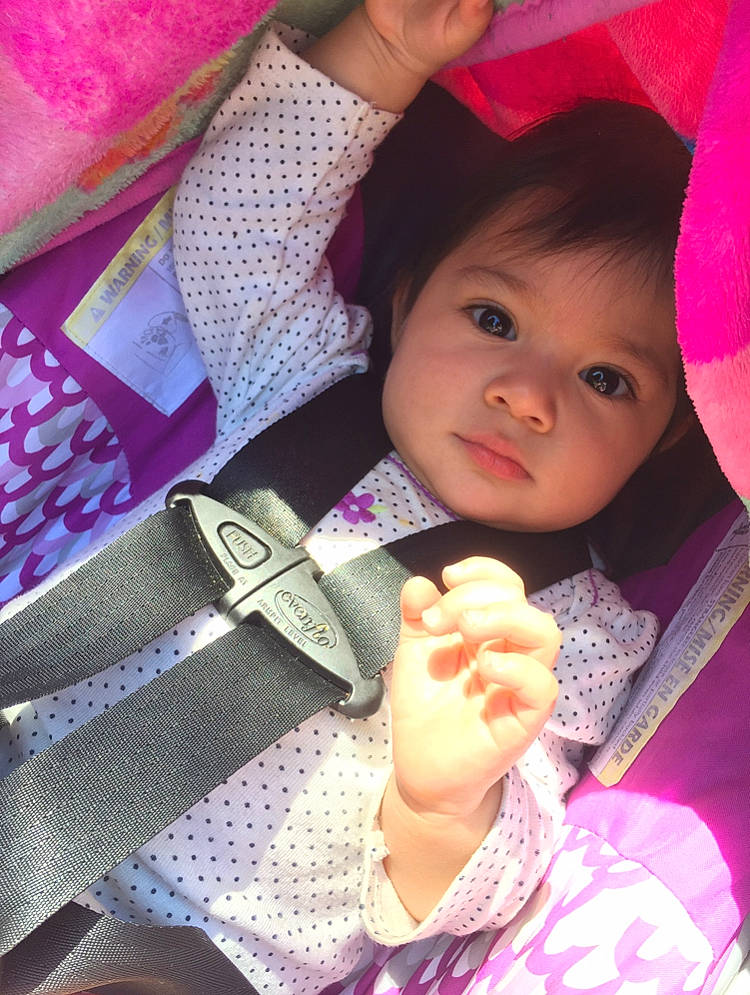 Melody joined the competition — help win amazing prizes! baby, baby_products, baby_toddler_clothing, button, cheek, child, eyelash, finger, gesture, hand, lip, magenta, nail, pattern, person, pink, purple, skin, thumb, toddler