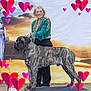woman, dog, brindle_dog, large_dog, standing_dog, green_jacket, smiling, platform, desert_background, sunset, outdoor, heart_graphics, love, portrait, person, animal, pet, leash, event, happy