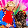Waldo joined the competition — help win amazing prizes! accessories, brindle_coat, casual, colorful_clothing, dog, earrings, flower_crown, friendship, glasses, happy, headband, indoors, large_dog, peace_symbol, person, portrait, retro_style, sitting, smiling, tie_dye_background
