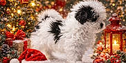 Luna Marie joined the competition — help win amazing prizes! puppy, dog, snow, christmas_tree, christmas_lights, santa_hat, gift_box, pine_cone, lantern, candle, red_bow, holiday_decor, berries, ornaments, festive, winter, snowflakes, fluffy, black_and_white, indoors