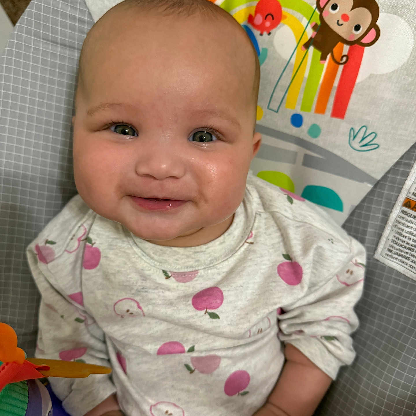 Kalani joined the competition — help win amazing prizes! apple_print, baby, cheeks, child, clothing, colorful, cute, face, hand, happy, indoor, infant, monkey, portrait, rainbow, seat, sitting, smile, toy, young