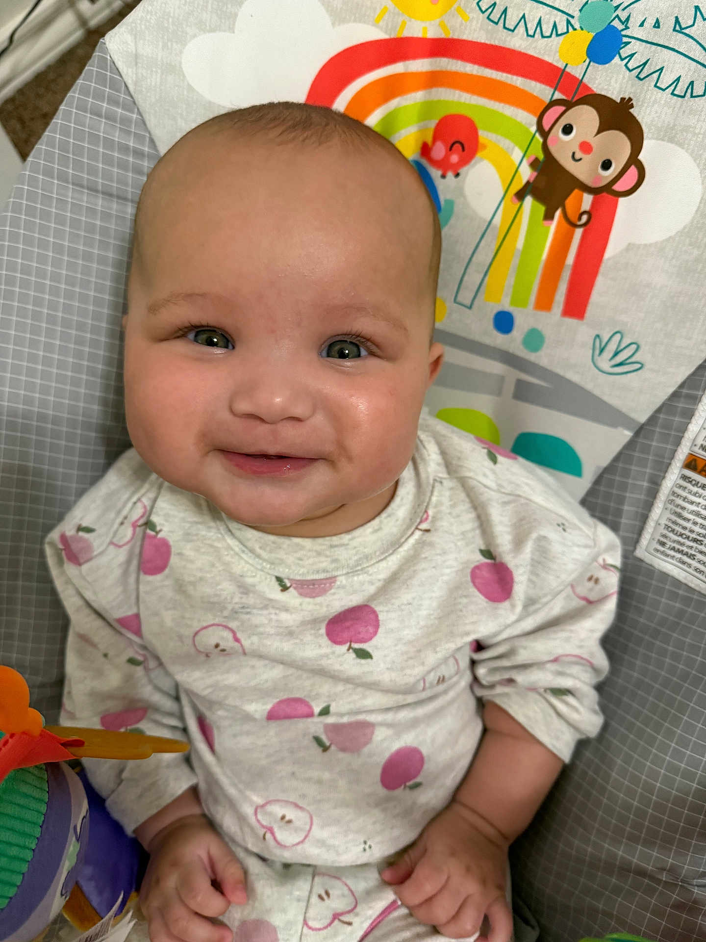 Kalani joined the competition — help win amazing prizes! baby, smile, infant, face, clothing, apple_print, seat, toy, monkey, rainbow, cheeks, hand, cute, child, sitting, indoor, happy, young, portrait, colorful