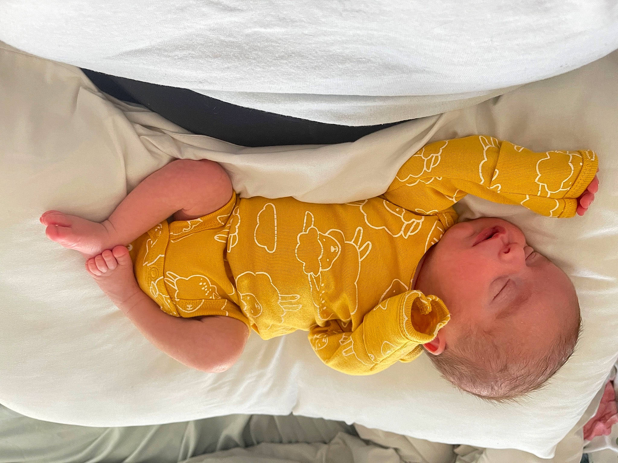 Maxwell is registered to the contest to win money with this photo: abdomen, baby, baby_sleeping, baby_toddler_clothing, child, comfort, elbow, finger, gesture, hand, human_leg, infant_bodysuit, linens, orange, pattern, person, sleeve, textile, thumb, toddler