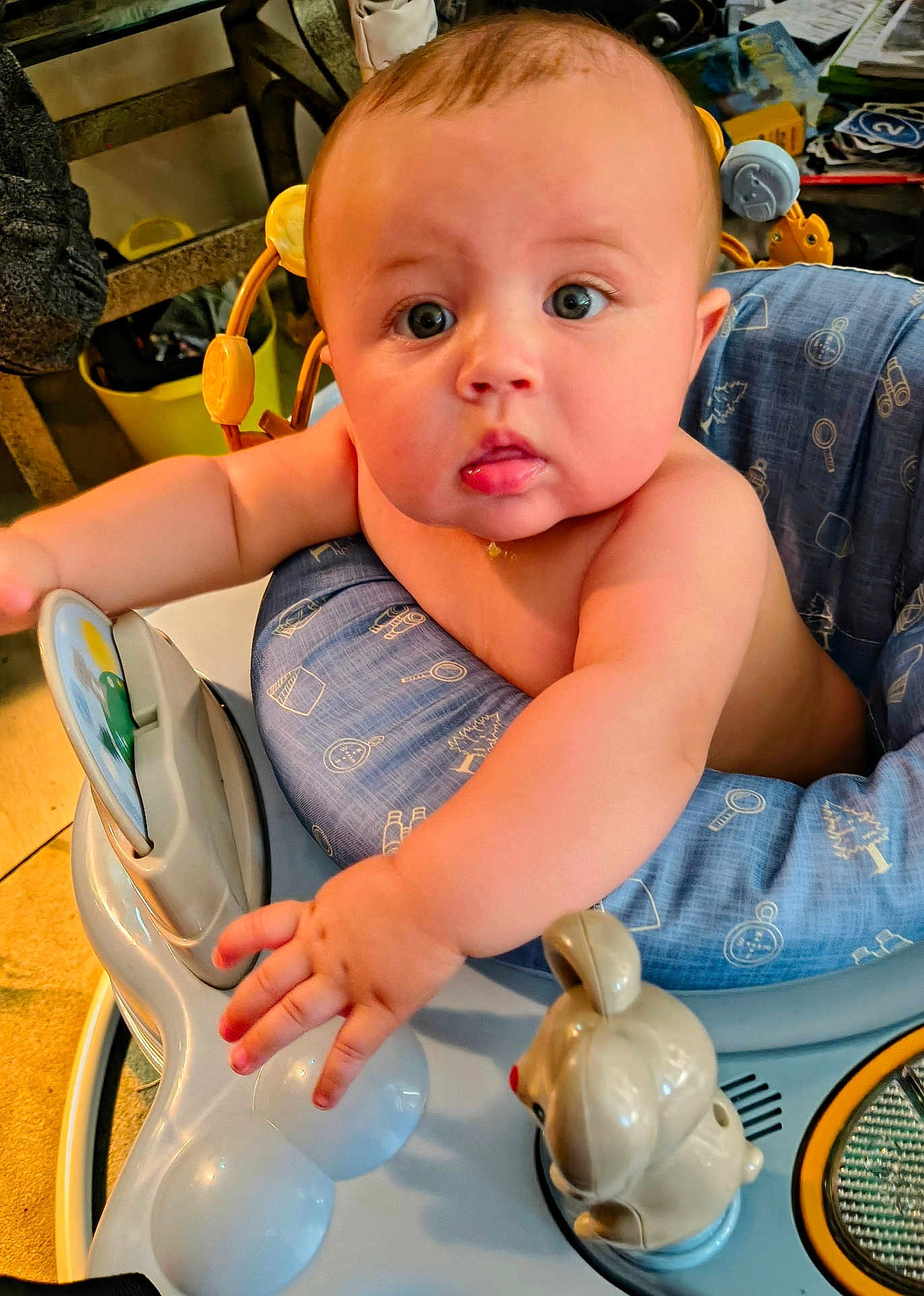 Ryder is registered to the contest to win money with this photo: baby, child, walker, toy, blue_cushion, indoor, curious, chubby_arms, wide_eyes, face, skin, hand, furniture, home, playful, mouse_toy, infant, expression, person, seat