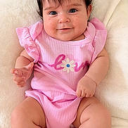 Kalea joined the competition — help win amazing prizes! baby, infant, smile, pink_clothing, daisy, love_embroidery, soft_blanket, cute, chubby_cheeks, portrait, happy, sitting, child, young_child, indoors, person, skin, head, hand, arm