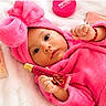 baby, pink_robe, bow, cosmetics, lip_gloss, soft_surface, face, hand, cute, infant, child, beauty_products, lying_down, portrait, wide_eyes, skin_care, adorable, colorful, indoors, product
