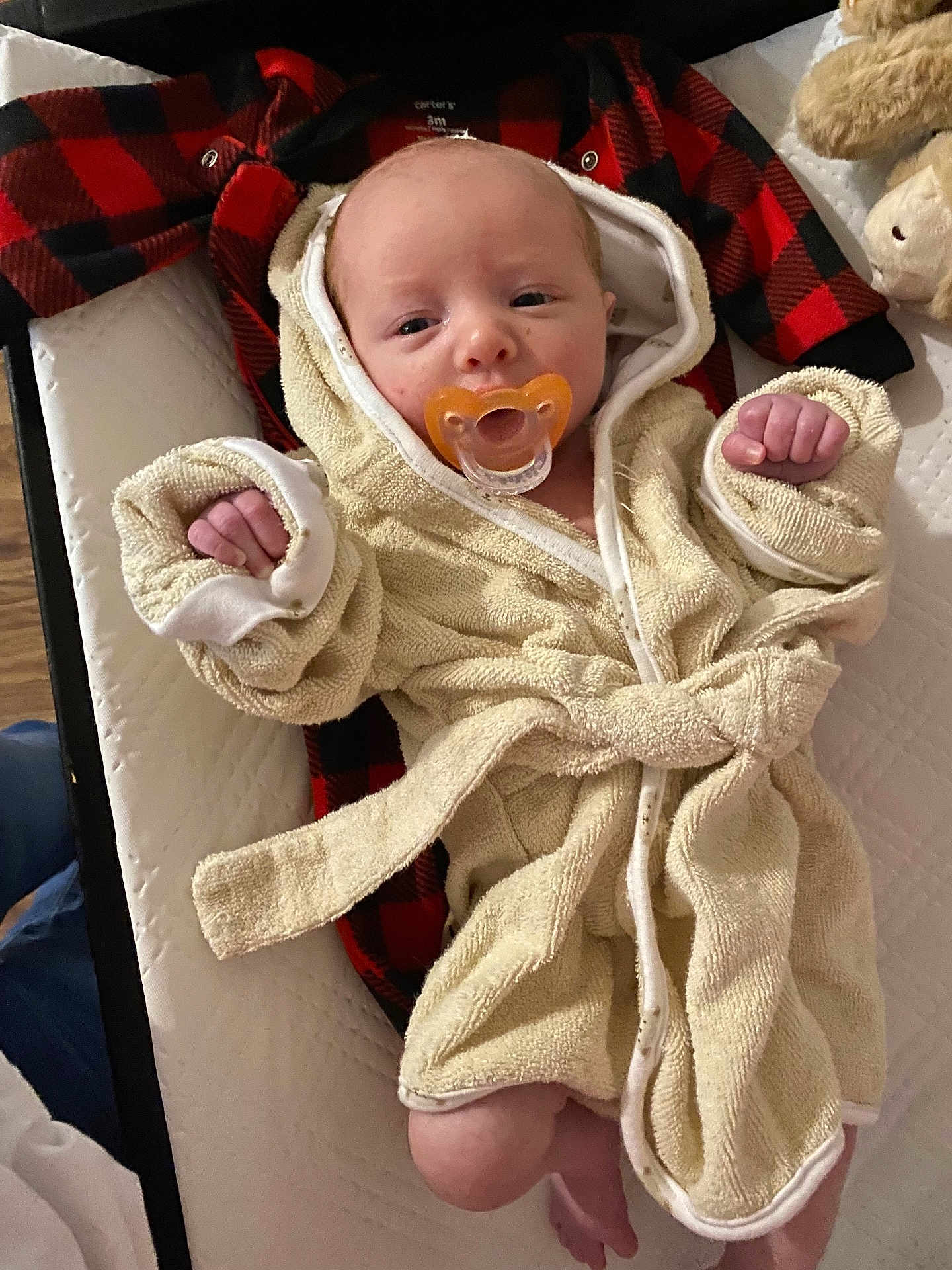 Colton joined the competition — help win amazing prizes! baby, pacifier, bathrobe, infant, blanket, fabric, newborn, cute, sleepwear, soft, child, resting, indoors, person, cloth, comfort, small, human, lying, wrapped