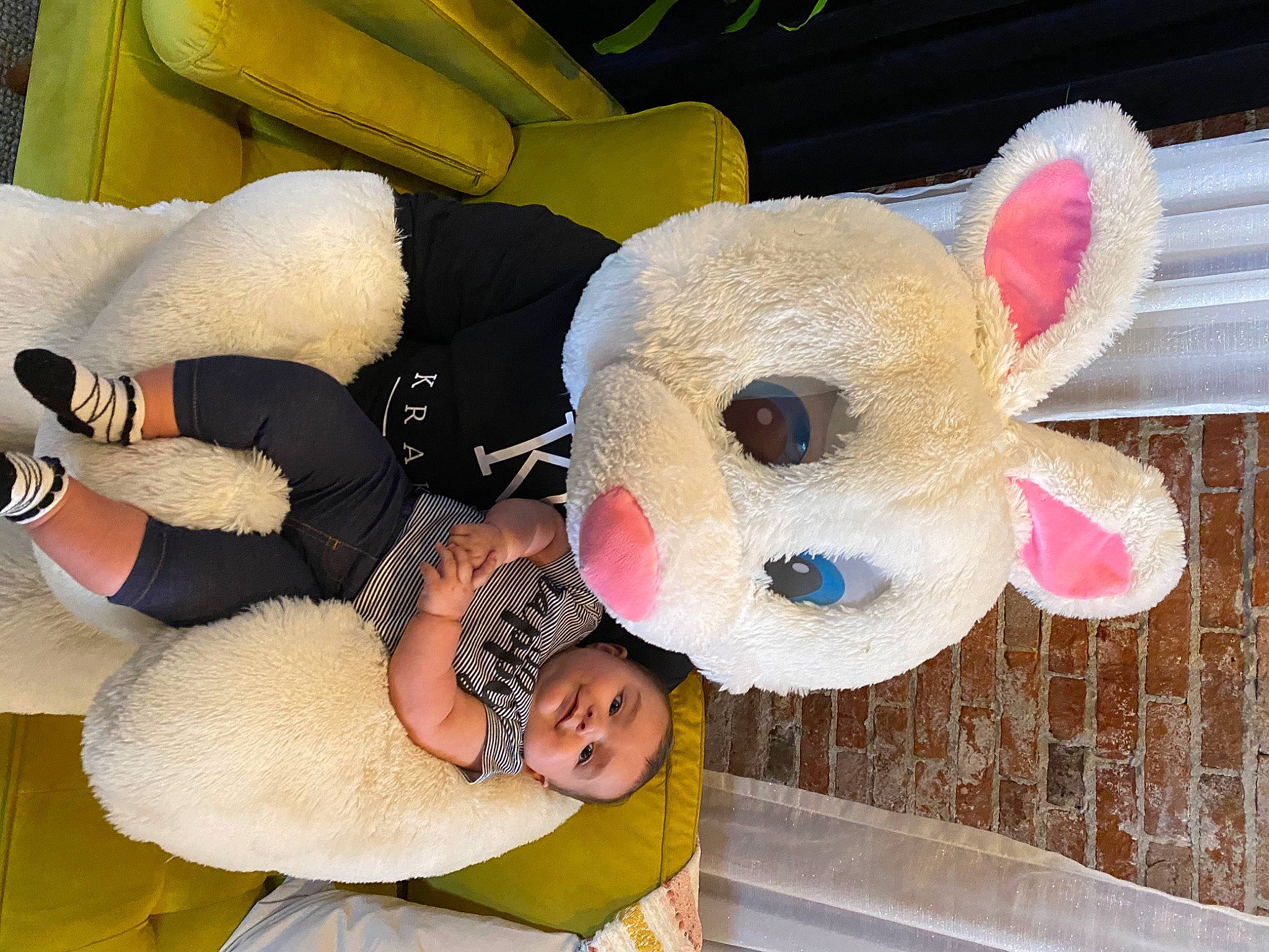 Harper joined the competition — help win amazing prizes! baby_toddler_clothing, baby_toys, comfort, couch, fawn, happy, head, headgear, human_body, mammal, person, pink, plush, product, smile, stuffed_toy, teddy_bear, toddler, toy, white