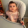 Sydney joined the competition — help win amazing prizes! baby, infant, bib, highchair, tray, big_eyes, curly_hair, leopard_print, long_sleeves, looking_up, innocent_expression, seat, wall, tile_floor, shelf, snack, hand, portrait, indoor, cute