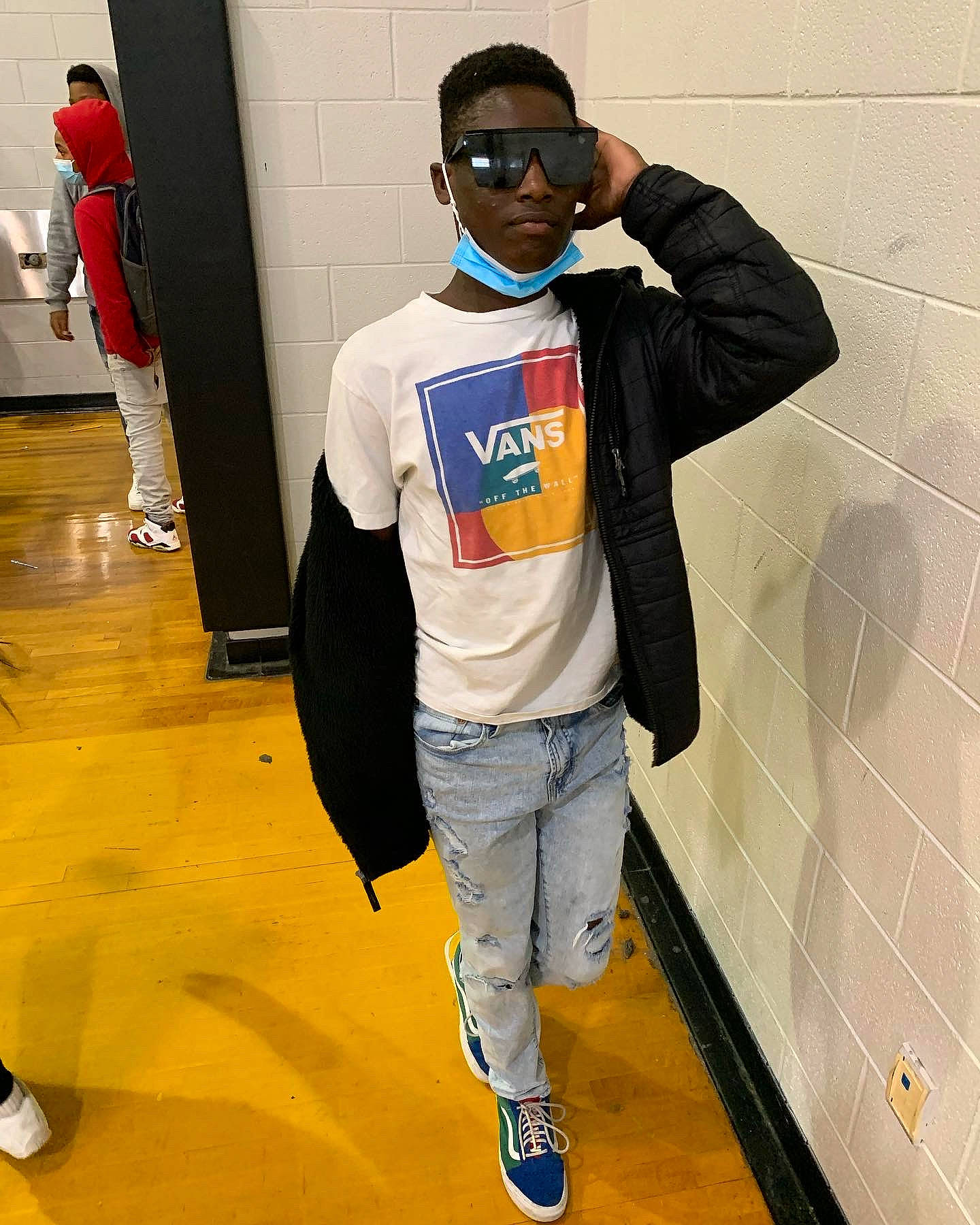 Junior joined the competition — help win amazing prizes! cool, denim, eyewear, fashion_design, floor, flooring, glasses, goggles, headgear, jersey, joint, orange, person, shoe, sleeve, sneakers, sportswear, standing, street_fashion, sunglasses