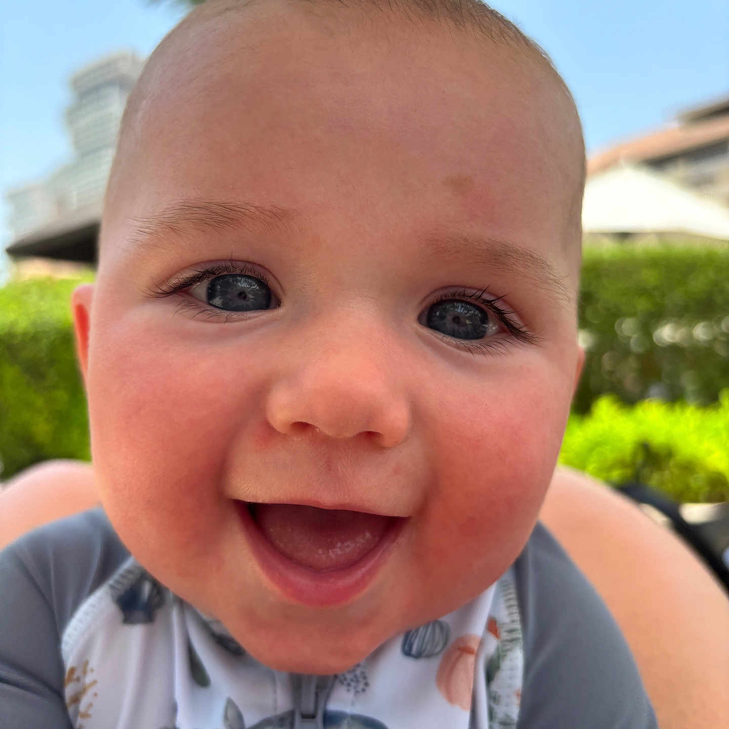 Sullivan joined the competition — help win amazing prizes! baby, background_blur, blue_eyes, casual, child, closeup, clothing, cute, face, happy, infant, joyful, nature, outdoor, palm_tree, portrait, skin, smiling, sunlight, young_child