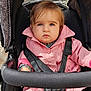 Soëlya participe au concours pour gagner de l'argent avec cette photo : baby, child, stroller, pink_coat, blue_eyes, serious_expression, safety_harness, outdoor, young_child, infant, casual_clothing, portrait, seated, baby_clothes, cute, face, person, baby_fashion, daylight, closeup