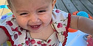 Allyanna is registered to the contest to win money with this photo: baby, child, smiling, pigtails, high_chair, outdoor, sunlight, grass, wooden_deck, dress, cherry_pattern, happy, person, infant, playful, cute, face, portrait, colorful, summer