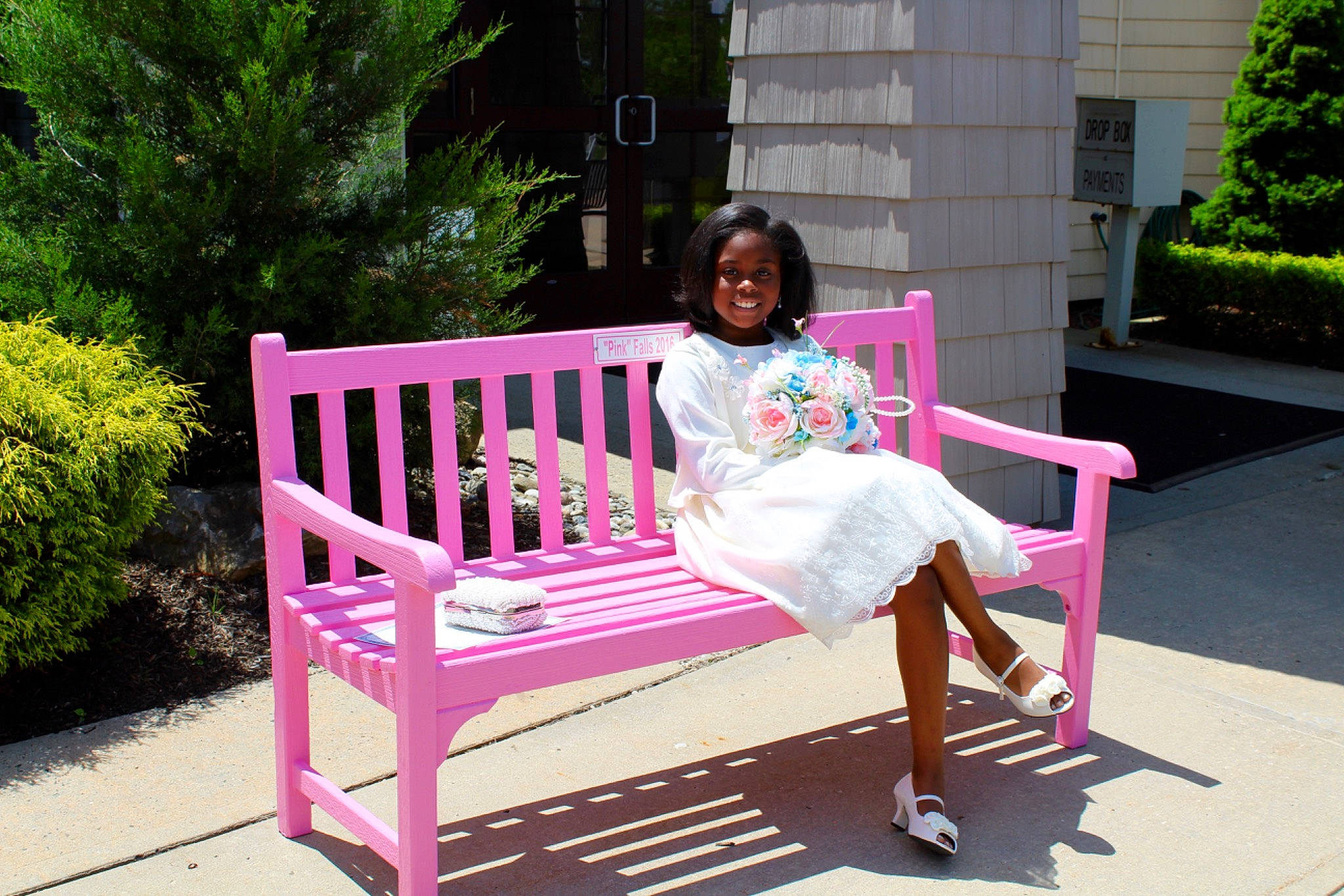 Camille joined the competition — help win amazing prizes! bench, chair, furniture, joy, leisure, magenta, outdoor_bench, outdoor_furniture, person, pink, plant, product, shoe