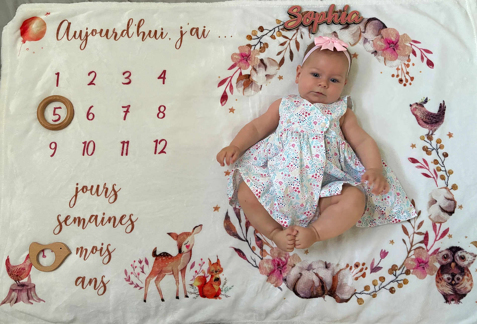 Sophia a rejoint le concours — aidez-le/la à gagner de superbes lots ! baby, infant, girl, milestone_blanket, woodland_animals, floral_pattern, pink_bow, dress, cute, lying_down, months_marker, wooden_rings, decorative_blanket, face, headband, feet, hands, portrait, child, soft_texture