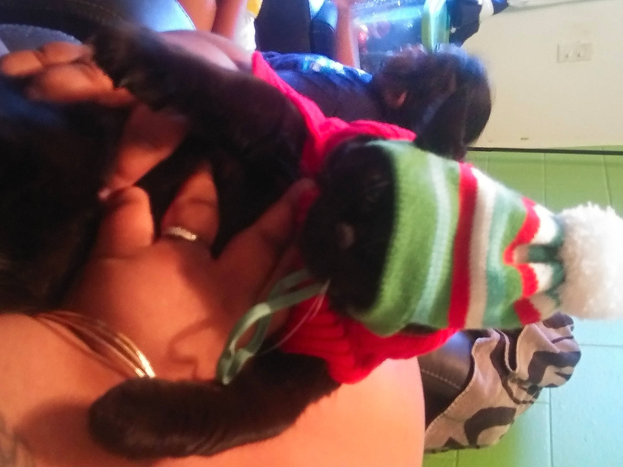 Tisha is registered to the contest to win money with this photo: abdomen, baby, back, black_hair, bracelet, christmas, costume, costume_accessory, costume_hat, fun, holiday, interaction, love, nail, santa_claus, snapshot, stuffed_toy, thumb, trunk, wrist