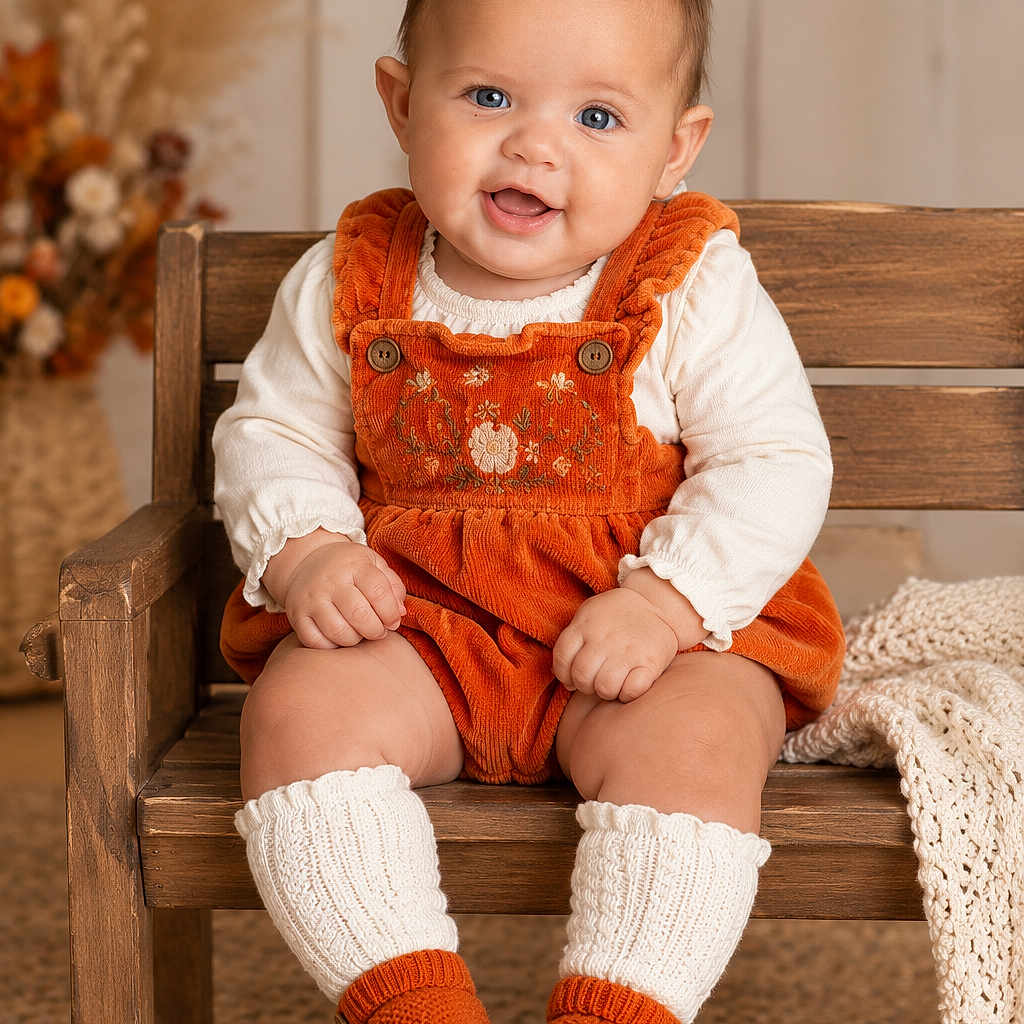 Evangelyna joined the competition — help win amazing prizes! baby, child, infant, portrait, sitting, smiling, happy, orange_outfit, overalls, wooden_chair, booties, white_socks, blanket, autumn_decor, flowers, indoor, cozy, carpet, fashion, photography