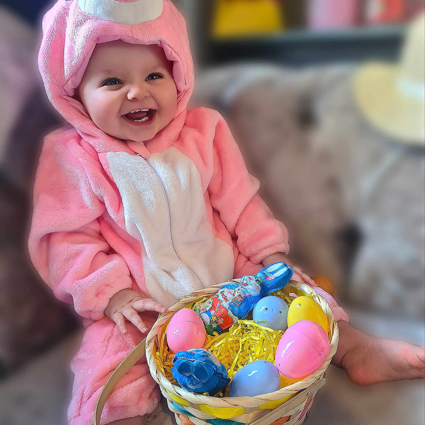 Amari-Jean joined the competition — help win amazing prizes! animal, baby, bodypart, bonnet, candy, canine, clothing, dog, egg, face, finger, food, hand, hat, head, person, pet, photography, portrait, sweets