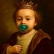 Joshua Jr is registered to the contest to win money with this photo: toddler, crown, pacifier, portrait, royalty, child, historic_style, clothing, hand, face, young_child, costume, expression, indoor, person, headwear, baby, fancy, curious, old_style