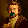 baby, child, portrait, crown, pacifier, royal, clothing, digital_art, face, young, costume, historical_style, expressionless, indoor, closeup, headwear, hand, fur, cloth, regal