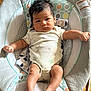 baby, infant, face, arms, legs, foot, baby_seat, clothing, onesie, pattern, wood_floor, indoor, person, newborn, cute, expression, hair, skin, comfort, child