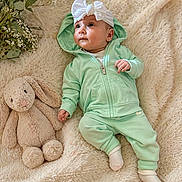 Remi is registered to the contest to win money with this photo: baby, infant, hoodie, headband, white_bow, plush_toy, bunny, blanket, soft_texture, greenery, cute, child, laying_down, cozy, comfortable, indoor, portrait, clothing, socks, adorable