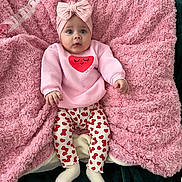 Chloé a rejoint le concours — aidez-le/la à gagner de superbes lots ! baby, blanket, child, clothing, cozy, cute, expression, face, headband, heart_pattern, indoors, infant, leggings, person, pink, portrait, seated, socks, soft_texture, sweatshirt