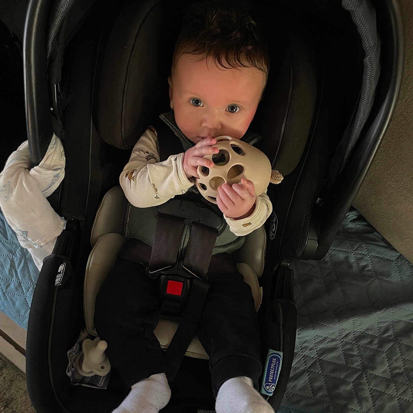 Bryton joined the competition — help win amazing prizes! baby, blanket, car_seat, clothing, comforter, cushion, cute, grasping, hands, holding_toy, indoor, infant, looking_at_camera, pacifier, portrait, seatbelt, socks, teether, toy, wide_eyes