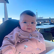 Aleyna participe au concours pour gagner de l'argent avec cette photo : baby, candid, chair, cheeks, cherry_pattern, eyes, feeding_time, hand, highchair, infant, outdoor, patio, person, portrait, restaurant_terrace, sky, sunlight, sweatshirt, table, toy