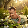 Noah is registered to the contest to win money with this photo: toddler, child, frog, crown, lily_pad, water_lilies, pond, nature, flower, greenery, outdoor, curious, cute, baby, tutu, flower_hairclip, sunlight, reflection, water, whimsical
