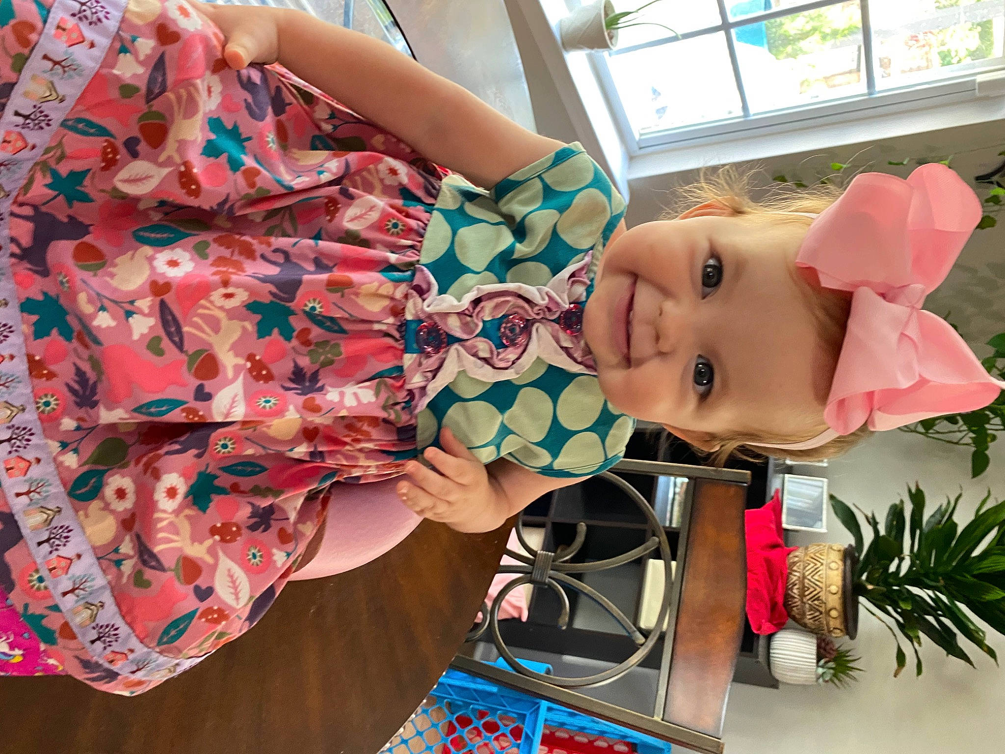 Aria joined the competition — help win amazing prizes! child, design, dress, eyewear, fashion_accessory, hat, human_leg, joy, pattern, peach, person, pink, plant, room, sleeve, thigh, toddler, toy, tree, waist