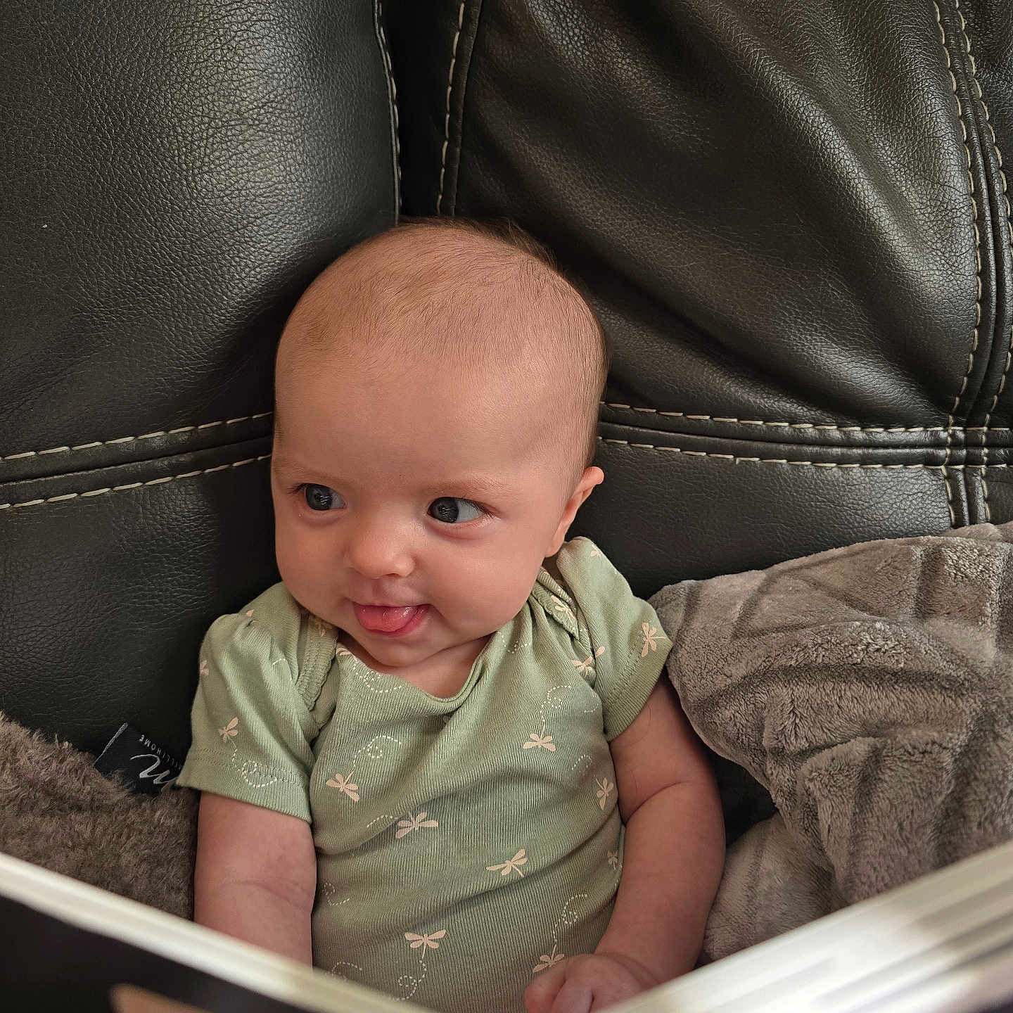 Autum is registered to the contest to win money with this photo: baby, blanket, book, child, closeup, couch, curious, cute, expression, green_clothing, indoors, infant, leather, portrait, reading, seated, small_hands, soft_light, tongue_out, young