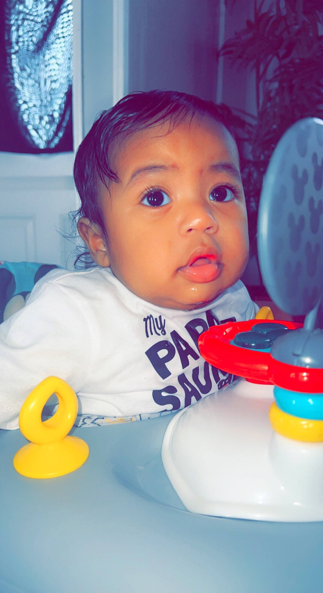 Jamier joined the competition — help win amazing prizes! baby, baby_playing_with_toys, baby_toddler_clothing, blue, cheek, child, chin, drinkware, eye, eyebrow, facial_expression, fun, happy, head, iris, mouth, nose, organ, person, skin