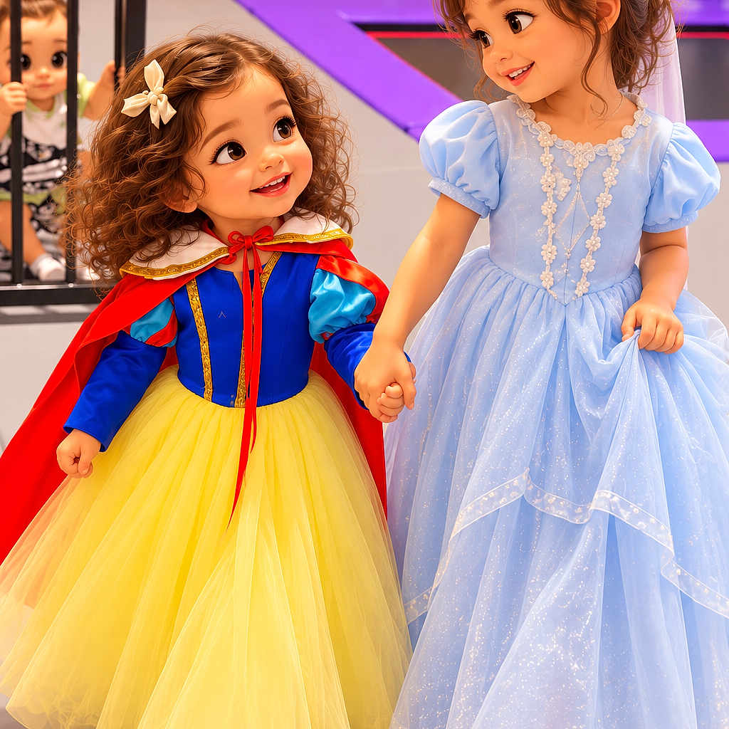 Aisha is registered to the contest to win money with this photo: children, girls, princess, costumes, snow_white, blue_dress, yellow_skirt, red_cape, fairy_tale, holding_hands, smiling, curly_hair, hair_bows, indoor, playground, railing, brick_wall, colorful, portrait, dress_up