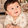 Asiya joined the competition — help win amazing prizes! baby, child, infant, portrait, smiling, happy, indoors, blanket, teddy_bear, toy, wooden_toy, sitting, crawling, brown_hair, fair_skin, close_up, cozy, home, baby_clothing, face