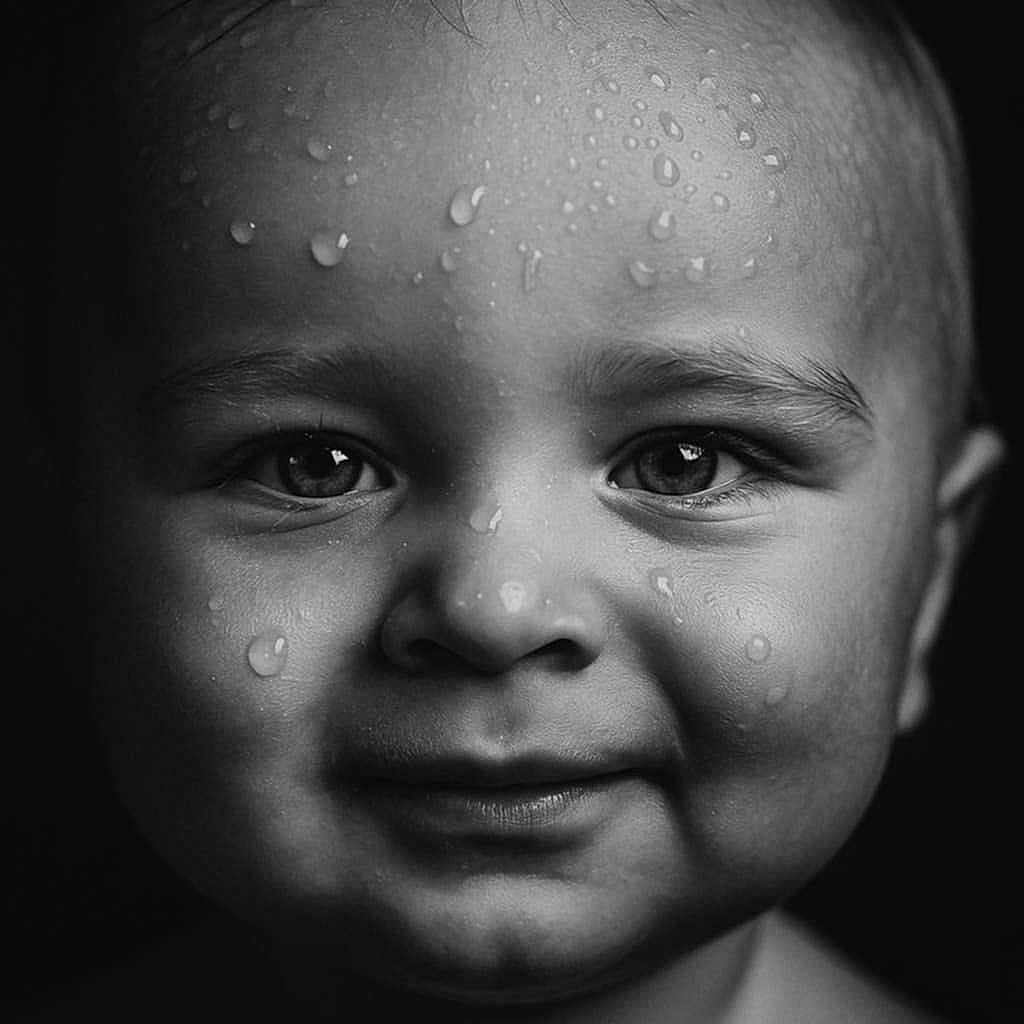 Mylan a rejoint le concours — aidez-le/la à gagner de superbes lots ! adorable, baby, black_and_white, child, close_up, cute, expression, eyes, face, head, innocence, moisture, newborn, person, portrait, skin_texture, smile, water_droplets, wet_skin, young_child