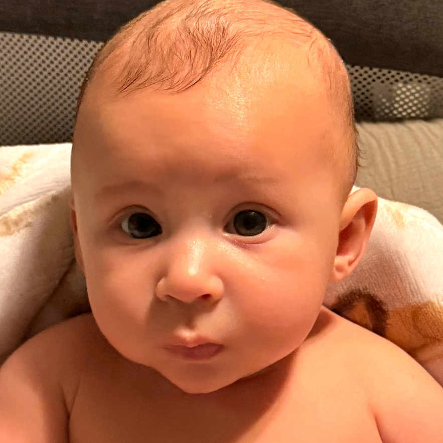 Donnie joined the competition — help win amazing prizes! baby, infant, child, skin, face, head, eyes, expression, blanket, indoor, furniture, couch, person, portrait, cute, chubby, newborn, human, relaxing, attention