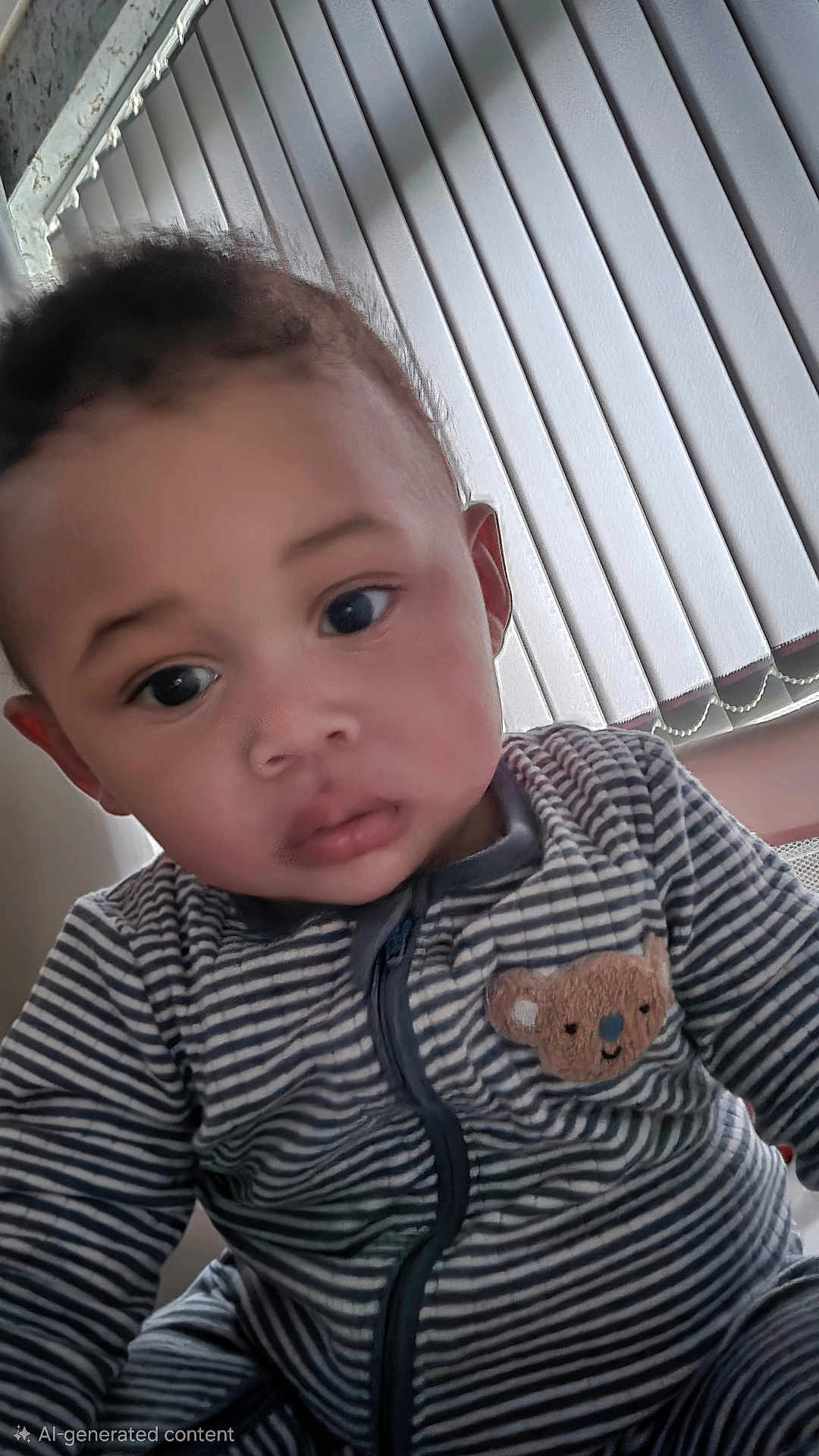 Miles is registered to the contest to win money with this photo: baby, child, face, striped_clothing, onesie, koala_patch, indoor, vertical_blinds, curly_hair, closeup, infant, portrait, cute, young_child, expression, person, soft_lighting, window_covering, seated, looking_down