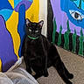 abstract_art, animal, artistic, black_cat, carpet, cat, colorful_wall, corner, domestic_cat, fabric, feline, green_collar, green_eyes, indoor, mural, painted_wall, pet, relaxed, sitting, texture