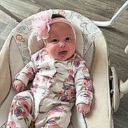 Phoebe joined the competition — help win amazing prizes! baby, infant, child, onesie, floral_pattern, headband, pink_flower, baby_seat, animal_print, flooring, wood_floor, tongue_out, happy, smiling, cute, indoors, comfort, clothing, person, portrait