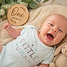 baby, infant, smiling, laughing, onesie, knitted_blanket, plush_toy, bunny, milestone_sign, wooden_sign, greenery, flowers, happy, cute, portrait, child, newborn, soft_toys, cozy, lying_down