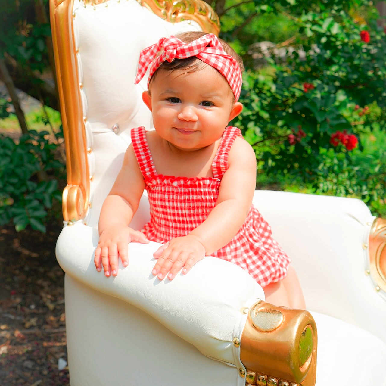 Gionna joined the competition — help win amazing prizes! accessories, baby, bonnet, cap, chair, clothing, dress, face, flower, furniture, grass, happy, hat, head, person, photography, plant, portrait, pottedplant, sitting